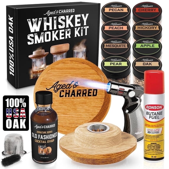 Aged & Charred Whiskey Smoker Kit with Torch, Butane and Old Fashioned Syrup, Bourbon Cocktail Smoker Set with 8 Wood Chip Flavors