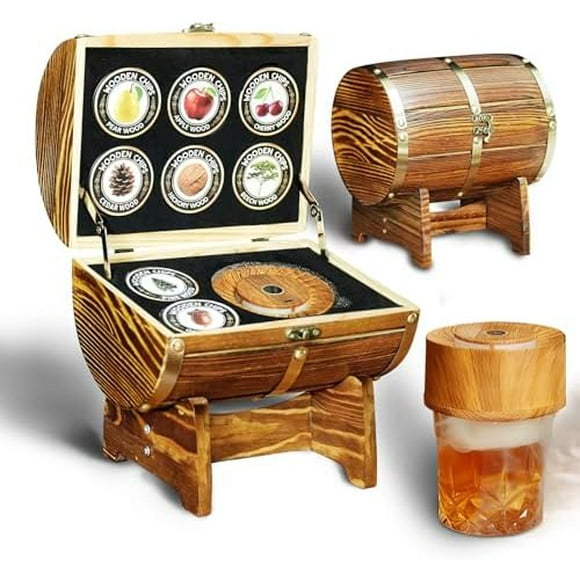 Whiskey Smoker Kit with Wooden Barrel Case, Electric Cocktail Smoker and 8 Flavors Wood Chips, Old Fashioned Smoker Kit Bourbon Gifts for Men