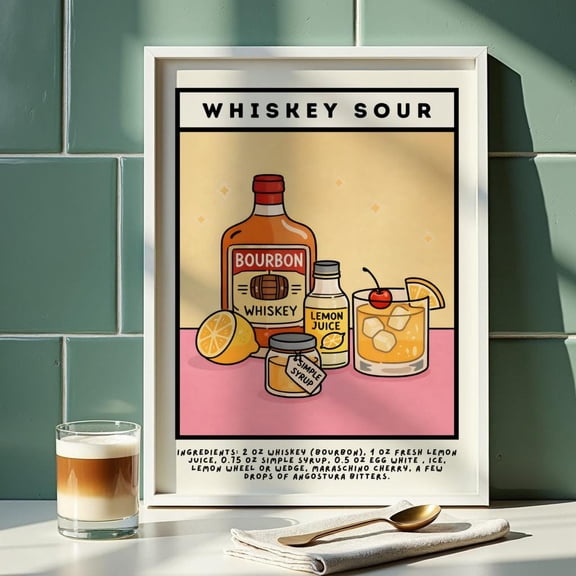 Whiskey Sour Cocktail Poster Whiskey Sour Recipe Print Bourbon Cocktail Wall Art Home Bar Decor Classic Drink Illustration