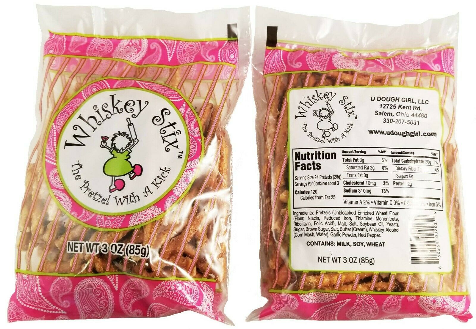 Whiskey Stix Gourmet Pretzels THREE 3oz. Bags FREE SHIPPING