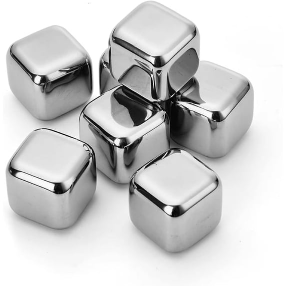 Whiskey Stones, 6 Pack Stainless Steel Chilling Rocks, Reusable Ice Cube for Drinking, Metal Cubes Cooler with Tongs, Freezer Storage Tray - Waterless For Drinks (6)