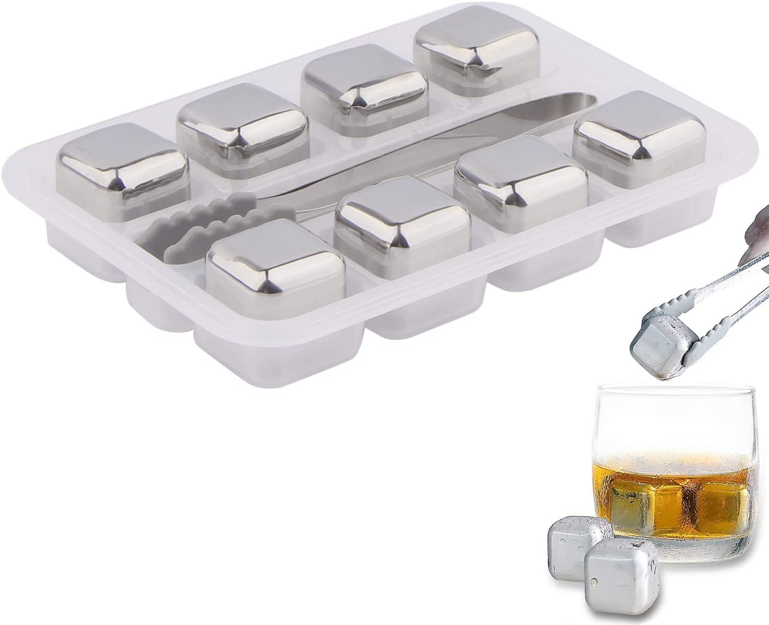 Whiskey Stones Gift Set with 8 Stainless Steel Ice Cubes for Drinks ...