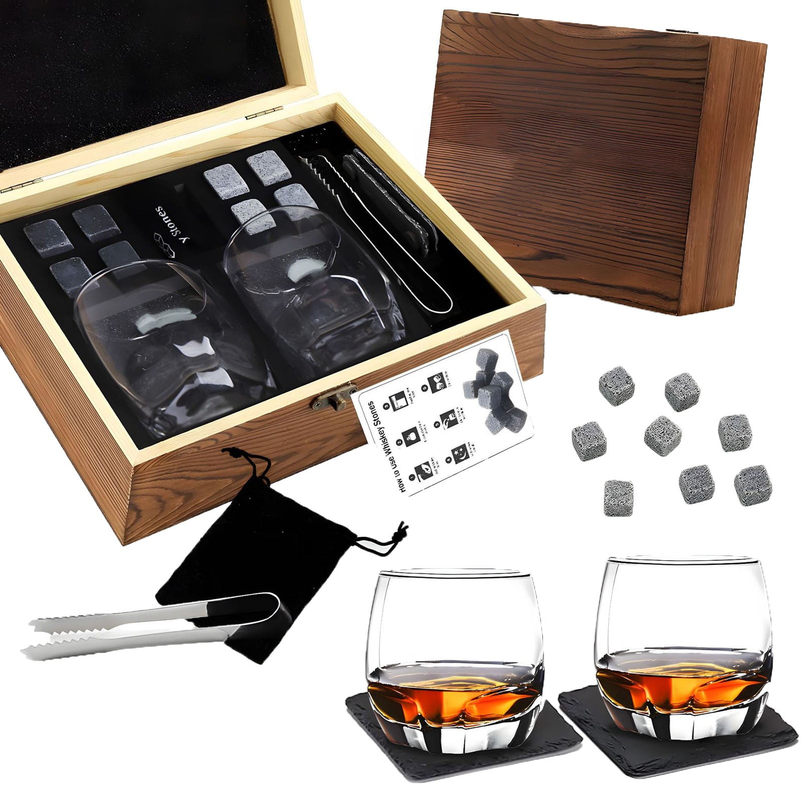 Whiskey Decanter Gift Set With 4 Glasses & Granite Chilling Stones - Gold Foil Gift Box, 650ml Carafe