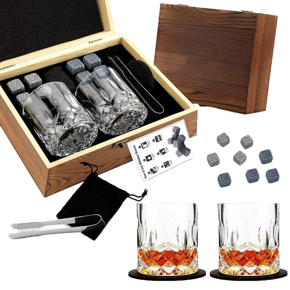 Stones Gift Set for Men - 2 Glasses & Granite Chilling Rocks - Scotch Bourbon Gift Set for Dad, Husband - Father's Day, Birthday, Holiday Drinking Present