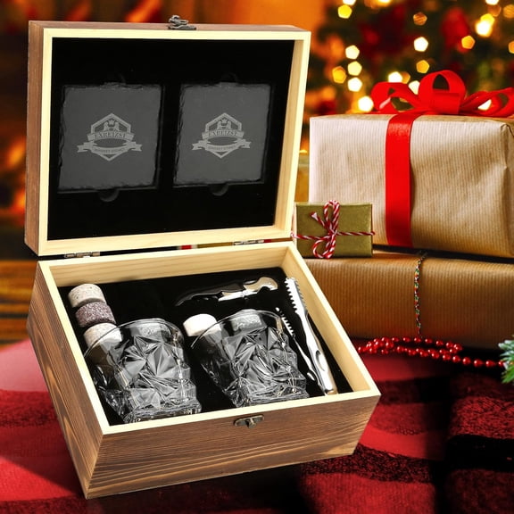 Whiskey Stones Gift Set - Whiskey Glass Set of 2 - Granite Chilling Whiskey Rocks - Bourbon Whiskey Box Set- Best Drinking Gifts for Men Dad Husband Birthday Party Holiday