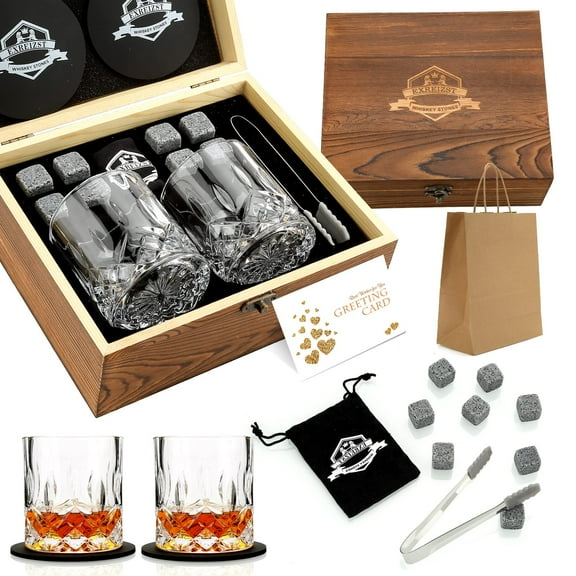 Whiskey Stones Glass Gift Set - Bourbon Scotch Whiskey Glasses Set of 2 - Granite Chilling Rocks in Premium Wooden Box-Best Drinking Gift for Men Dad Husband Father's Day Birthday Gifts for Him Boss