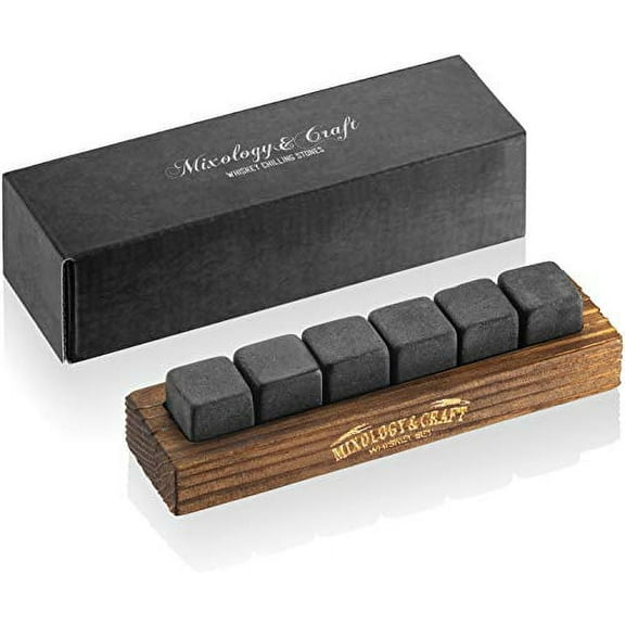 Whiskey Stones Gift Set for Men - 6 Granite Whiskey Rocks with Wood Tray