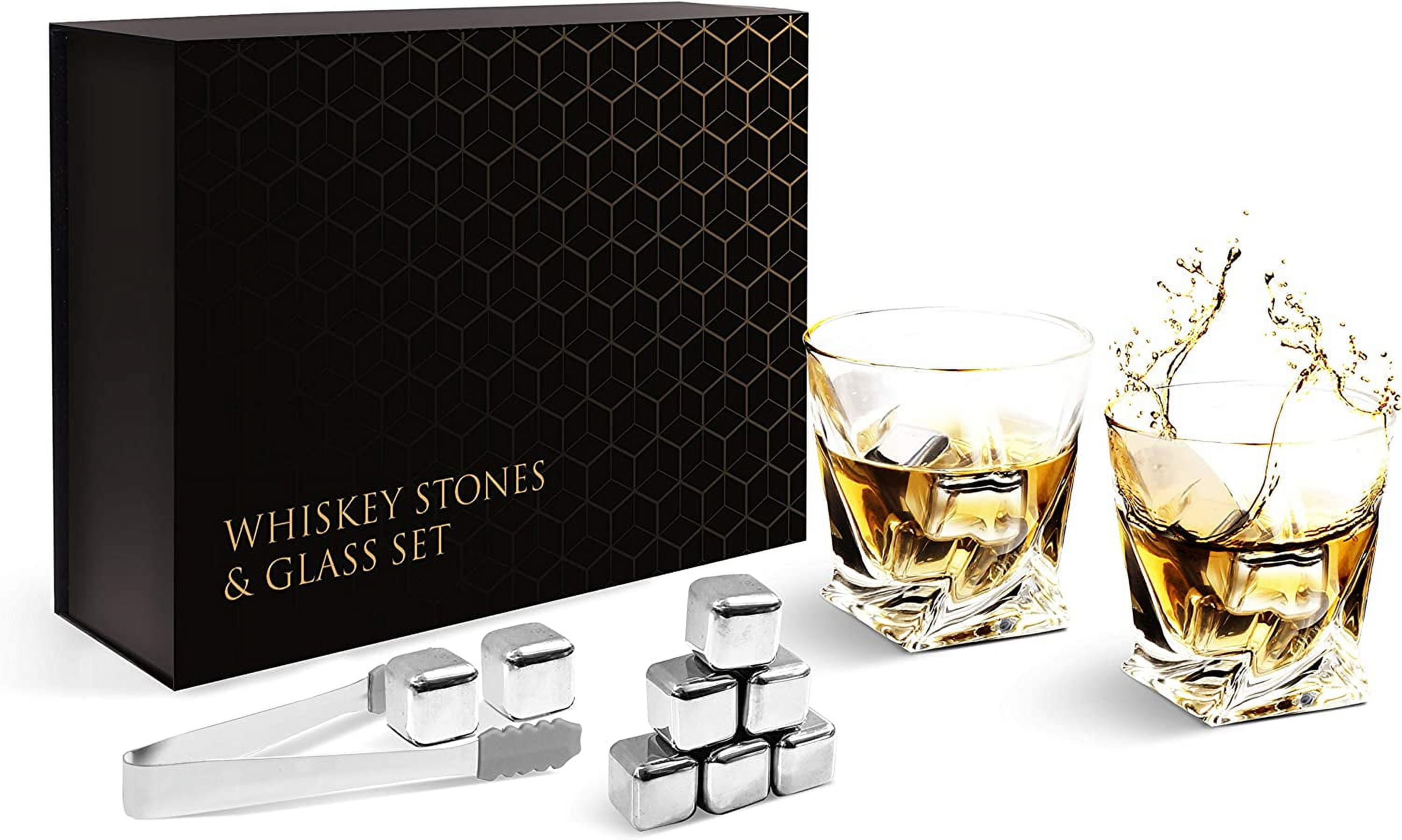Flybold Whiskey Stones Gift Sets Whiskey Glass Gifts Set of 2 Large Glasses 8 Stainless Steel Chilling Stone Tong Velvet Bag Premium Magnetic Gift Box