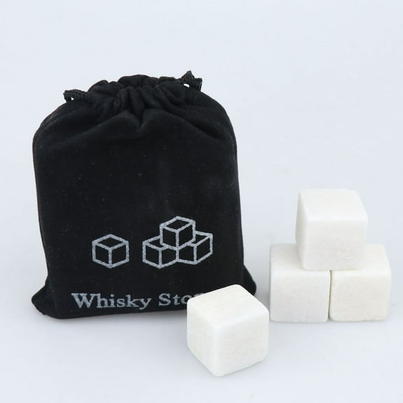 Whiskey Stones Set | Reusable Chilling Rocks for Drinks | Natural Taste Enhancer | Velvet Storage Pouch | 4 Stone Pack | Ice Alternative for Liquor, Juice, Coffee, Soda | Mess-Free Freezer Solution