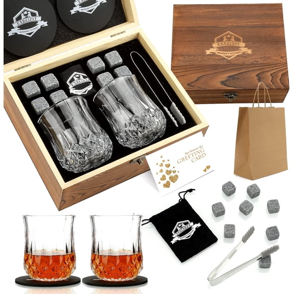 Whiskey Stones and Whiskey Glass Gift Box Set, Idea for Men Dad, 8 Granite Chilling Whisky Rocks + 2 Glasses in Wooden Box - Best Gift for Men Father's Day Dad's Birthday