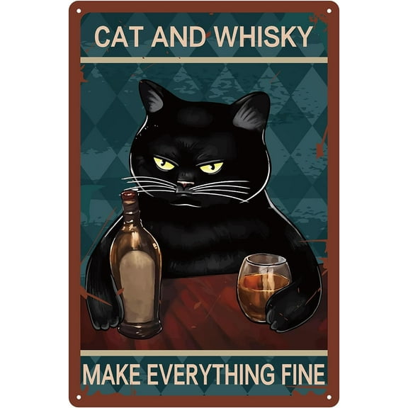 Whiskey Tin Signs Black Cat Metal Sign Vintage Plaques Gallery Wall Signs Retro Posters Art Print Decor Hanging Iron Painting with Quotes DIY