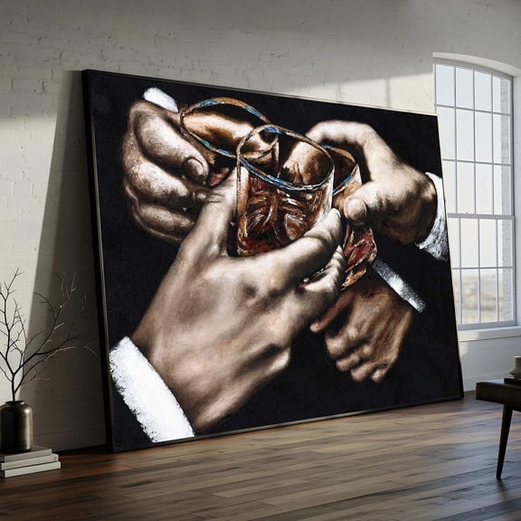 Whiskey Toast Canvas Painting – Bold Masculine Wall Art For Office Or Bar – Ready To Hang Gift For Him, Classy Dark Toned Decor, Stretched Canvas Size 16x24