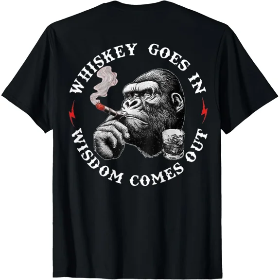 Whiskey Wisdom Monkey Humor Back Print Retro Drinking Comedy Line Unisex T-Shirt, up to size 5XL