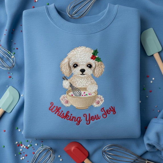 Whisking You Joy embroidered hoodie, Cute Poodle Christmas Crewneck, Holiday Baking Sweater, Festive Poodle Lover Gift