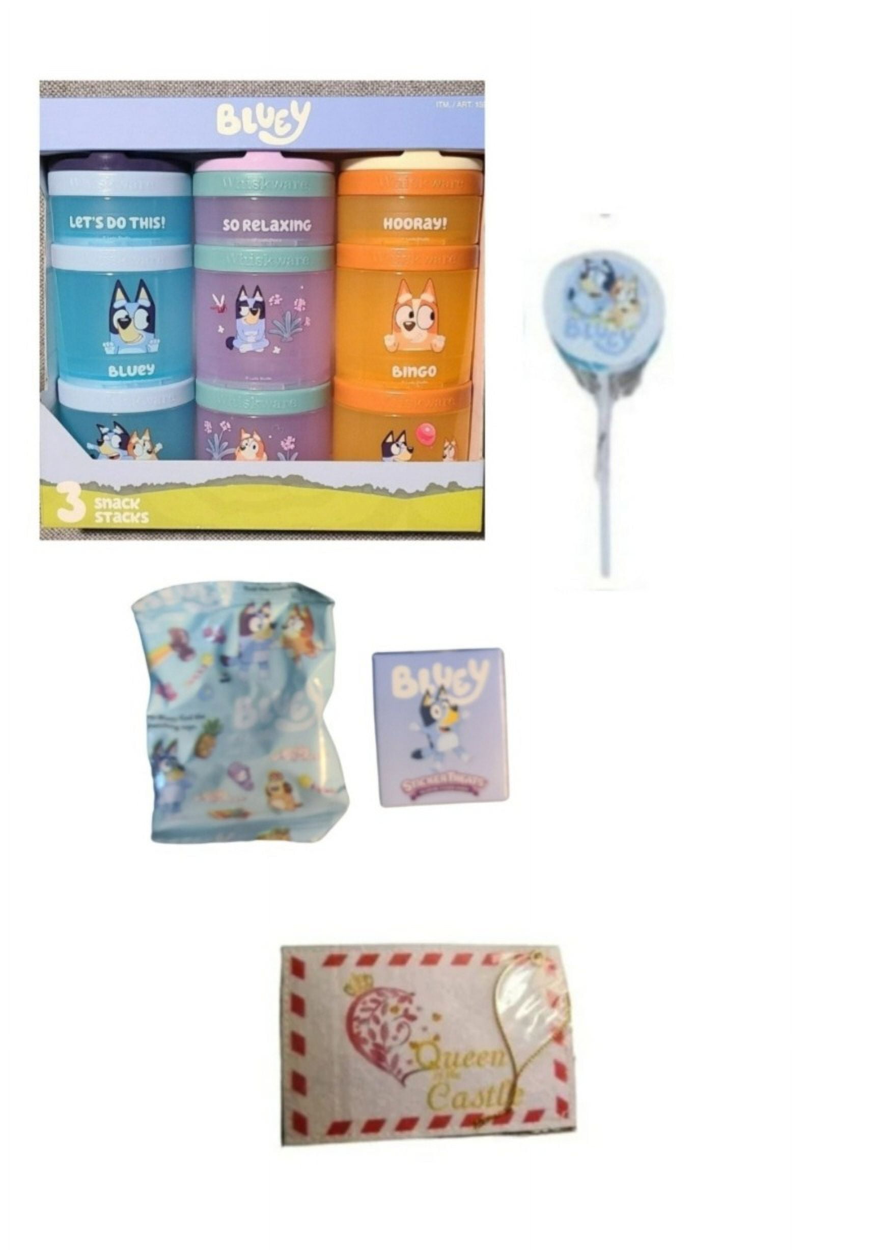 Whiskware Bluey Stack-able Snack Containers 3 Piece with 1 Bluey Lollipop 1 small Sticker Treat Box and 1 Mini Bluey Fruit Snack & Queen of the Castle Gift Tag