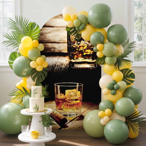 Whisky Glass Arch Backdrop Cover, 6.6FT, Wine Cigars Old Wood Grain Ice Cubes Spandex Arch Covers Double-Sided Backdrop for Wedding Birthday Party Photo Background Decoration