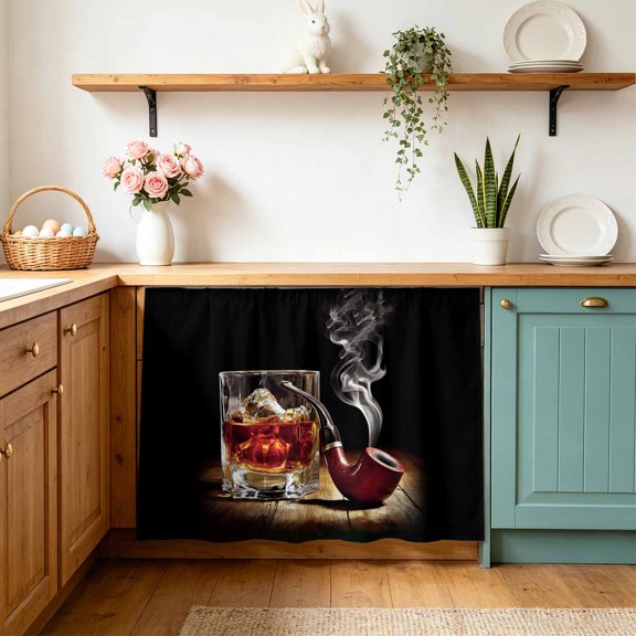 Whisky Glass Cabinet Curtains 28" W x 35" L Wine Ice Cubes Old Wooden Stripes Pipes Waterproof Adhesive Kitchen Under Sink Curtain Dust-Proof Dishwasher Skirt for Closet