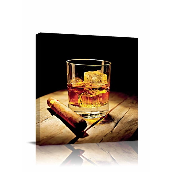 Whisky Glass Canvas Wall Art, Wine Cigarettes Wood Striped Ice Cubes Framed Wall Decor Modern Artwork Prints Painting for Living Room, Bedroom, Kitchen & Cafe Decor 8x8 Inch