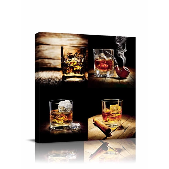 Whisky Glass Canvas Wall Art, Wine Cigars Old Wood Grain Ice Cubes Framed Wall Decor Modern Artwork Prints Painting for Living Room, Bedroom, Kitchen & Cafe Decor 8x8 Inch