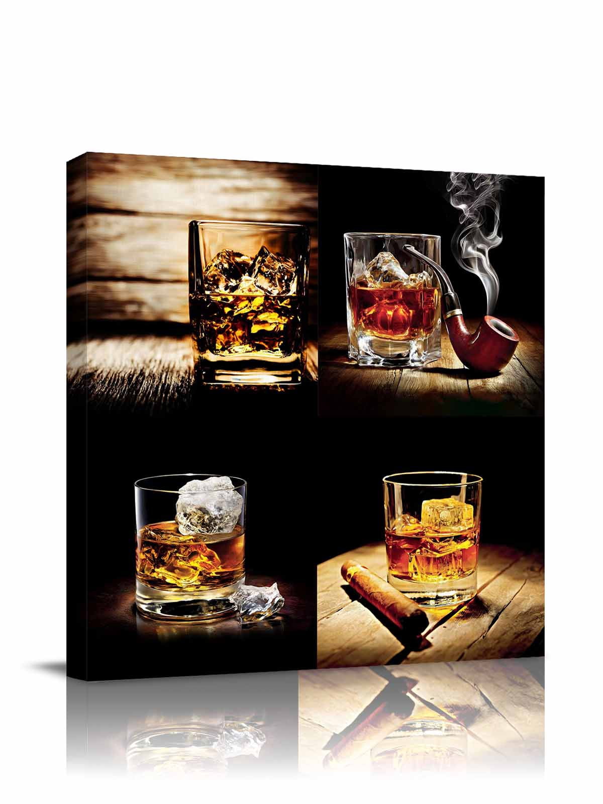 Whisky Glass Canvas Wall Art, Wine Cigars Old Wood Grain Ice Cubes Framed Wall Decor Modern Artwork Prints Painting for Living Room, Bedroom, Kitchen & Cafe Decor 28x28 Inch