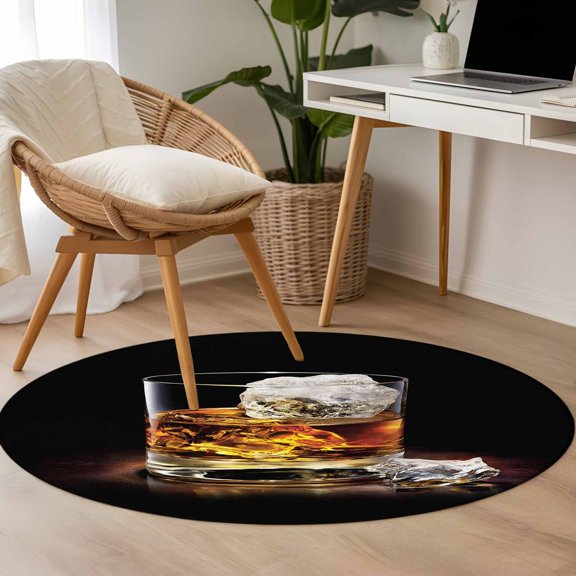 Whisky Glass Cups 3.3ft Round Rug for Bedroom Reading Corner, Ice Cubes Wine Black Background Washable Non Slip Circle Area Rug