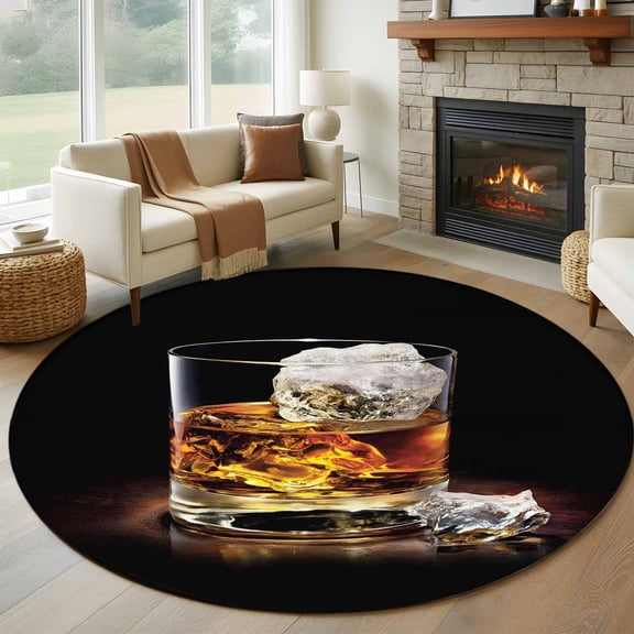 Whisky Glass Cups 7ft Round Rug for Living Room Conversation Area, Ice Cubes Wine Black Background Washable Non Slip Large Circle Area Rug