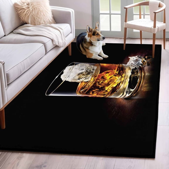 Whisky Glass Cups Area Rugs 3x5 ft Ice Cubes Wine Black Background Washable Rug Non Slip Indoor Carpet Absorbent Floor Mat for Living Room Bedroom Dining Room