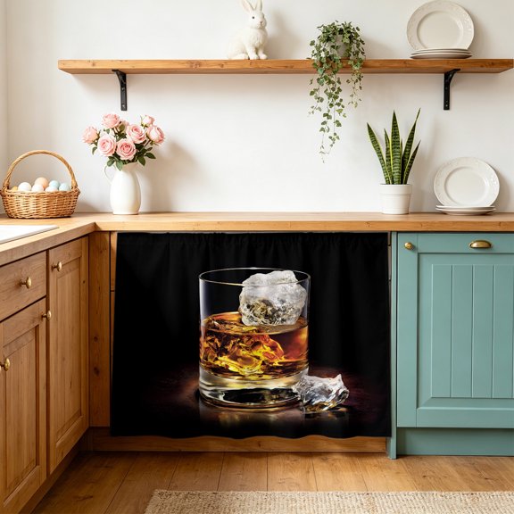 Whisky Glass Cups Cabinet Curtains 10" W x 11" L Ice Cubes Wine Black Background Waterproof Adhesive Kitchen Under Sink Curtain Dust-Proof Dishwasher Skirt for Closet
