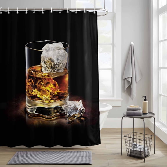 Whisky Glass Cups Fabric Shower Curtain for Bathroom Waterproof Polyester Bath Curtain with 12 Hooks Ice Cubes Wine Black Background Washable Shower Curtain with Grommets 36"x72"