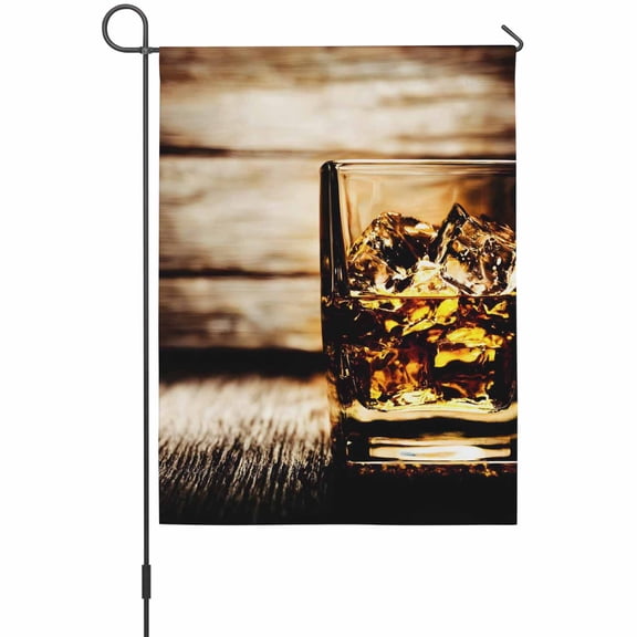 Whisky Glass Cups Garden Flag 12 x 18 Inches, Wine Retro Wood Grain Ice Cubes Weather Proof Outdoor Patio Flags Double Sided Small Garden Decoration for Yard Outside Home