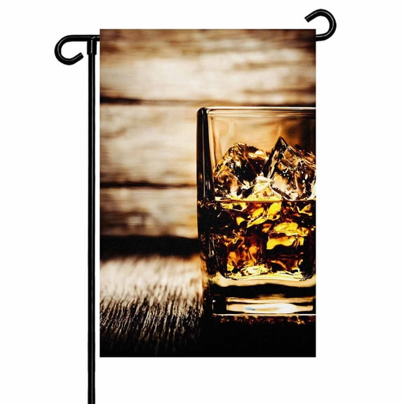 Whisky Glass Cups Garden Flag 12x18 Inch Wine Retro Wood Grain Ice Cubes Double Sided Small Decorative Garden Flags for Outside, Outdoor Yard Porch Lawn Decoration