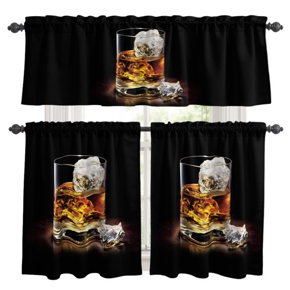 Whisky Glass Cups Kitchen Curtains Set for Windows, Ice Cubes Wine Black Background Curtains Valance and Tier 3 Piece Set Small Drapes 24 Inch Length for Kitchen Bedroom Decor
