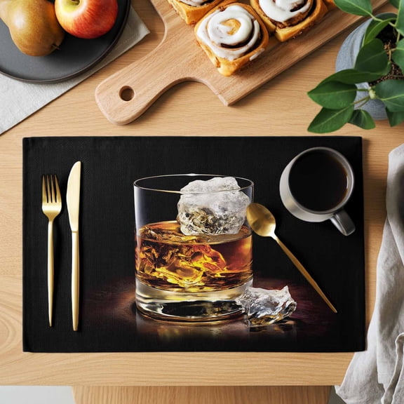 Whisky Glass Cups Placemats Set of 1, Ice Cubes Wine Black Background Heat Insulated Linen Place Mats, Washable Stain-Proof Table Mats for Dining Tables Holiday Decor 13x19 Inches
