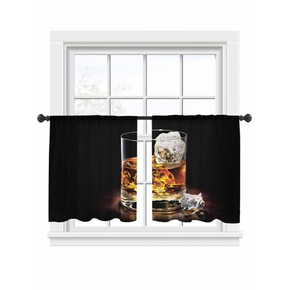 Whisky Glass Cups Sheer Curtains 2 Panels Set Ice Cubes Wine Black Background Sheer Window Curtains Light Filtering Rod Pocket Voile Drapes for Bedroom Living Room 52"x45"