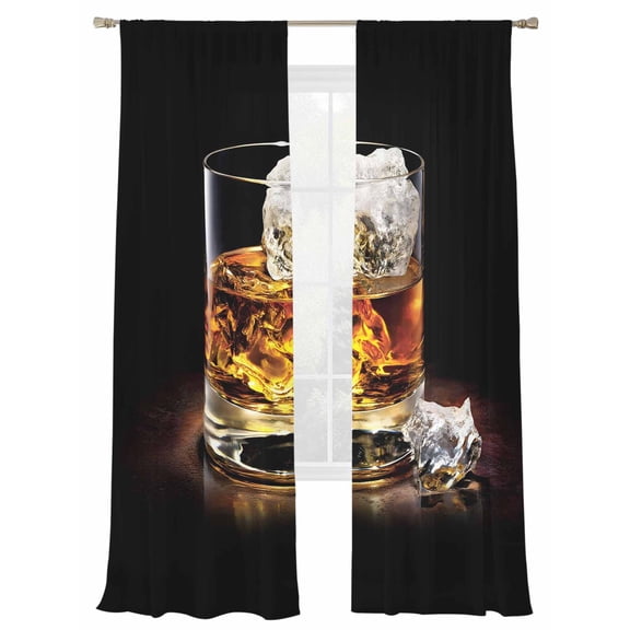Whisky Glass Cups Sheer Curtains for Living Room Bedroom, Ice Cubes Wine Black Background Light Filtering Sheer Curtains, Rod Pocket Voile Window Drapes, 2 Panels Set 52"x 96"