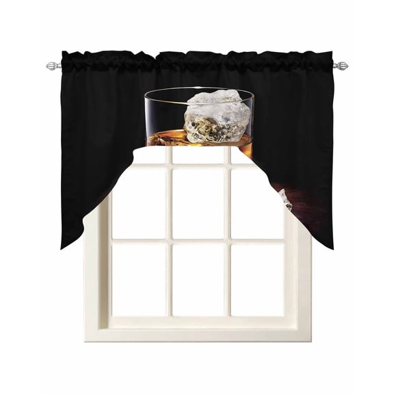 Whisky Glass Cups Swag Valance for Window, Ice Cubes Wine Black Background Light Filtering Swag Curtain Rod Pocket Kitchen Curtain Valance for Bedroom