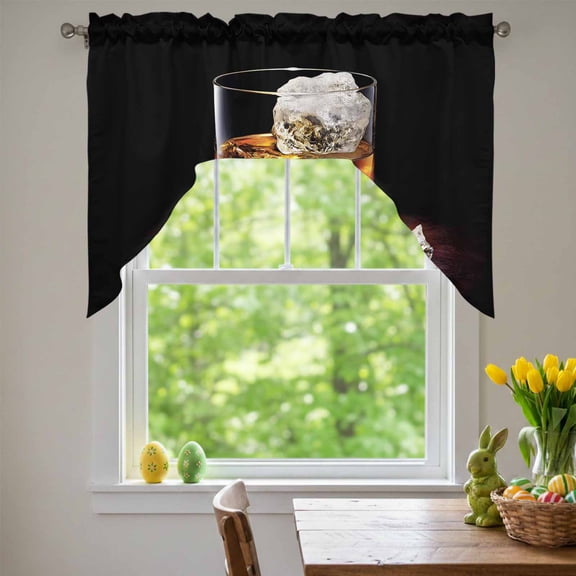 Whisky Glass Cups Swag Valances for Kitchen Window, Ice Cubes Wine Black Background Small Swag Valances Rod Pocket Curtain Drapes Window Treatment for Bedroom Bathroom, 56x36 Inch