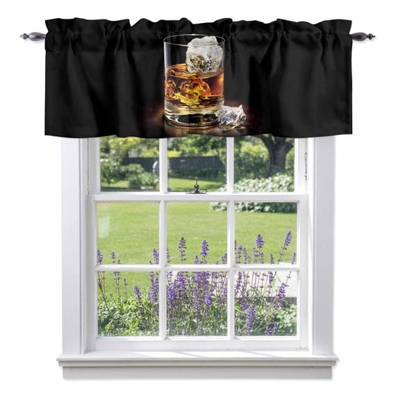 Whisky Glass Cups Valance Curtain Ice Cubes Wine Black Background Window Valances Rod Pocket Short Curtains Window Treatments for Kitchen Bedroom Bathroom Laundry 42" x 12"