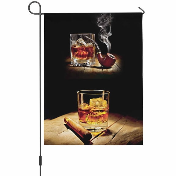 Whisky Glass Garden Flag 12 x 18 Inches, Wine Cigars Old Wood Grain Ice Cubes Weather Proof Outdoor Patio Flags Double Sided Small Garden Decoration for Yard Outside Home