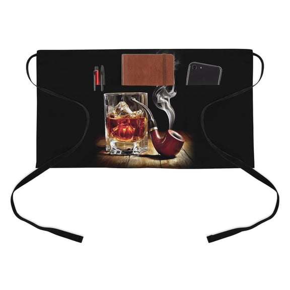 Whisky Glass Half Waist Apron Wine Ice Cubes Old Wooden Stripes Pipes Short Waiter Aprons with 3 Pockets for Women Men Kitchen Restaurant Cooking