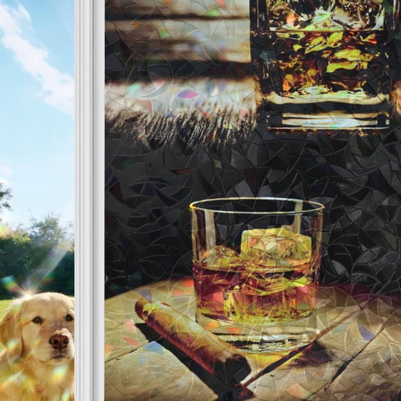 Whisky Glass Rainbow Window Privacy Film, Wine Cigars Old Wood Grain Ice Cubes Stained Glass Window Film, Sun Blocking Glass Clings Static Cling Non Adhesive Door Stickers 17.7 x 39.3 Inches