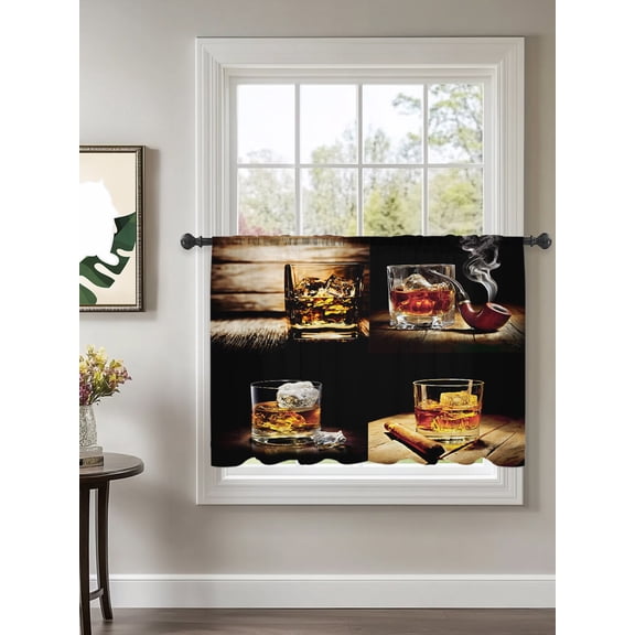 Whisky Glass Sheer Curtains 54 Inch Long 1 Panel Wine Cigars Old Wood Grain Ice Cubes Rod Pocket Voile Cafe Curtains Light Filtering Small Window Treatments for Kitchen Basement 52" x 54"