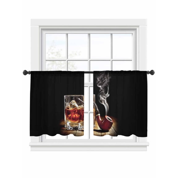 Whisky Glass Sheer Curtains for Living Room Bedroom, Wine Ice Cubes Old Wooden Stripes Pipes Light Filtering Sheer Curtains, Rod Pocket Voile Window Drapes, 2 Panels Set 54"x 45"