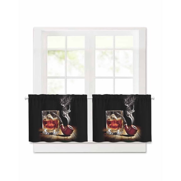 Whisky Glass Short Blackout Curtains 24 Inch Long Wine Ice Cubes Old Wooden Stripes Pipes Rod Pocket Kitchen Curtains, 2 Panels Thermal Insulated Darkening Drapes for Bedroom, 30"W x 24"L