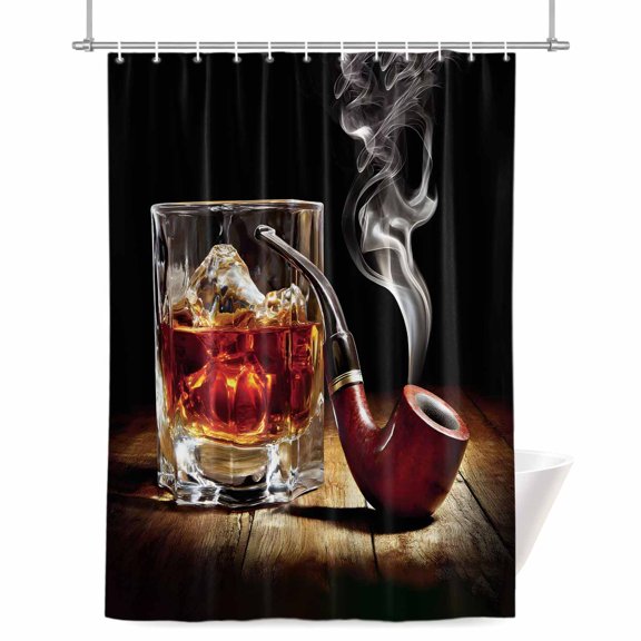 Whisky Glass Shower Curtain, Wine Ice Cubes Old Wooden Stripes Pipes Waterproof Shower Curtain Set with 12 Hooks Lightweight Bath Curtains Fabric Bathroom Decor 36x72 Inches