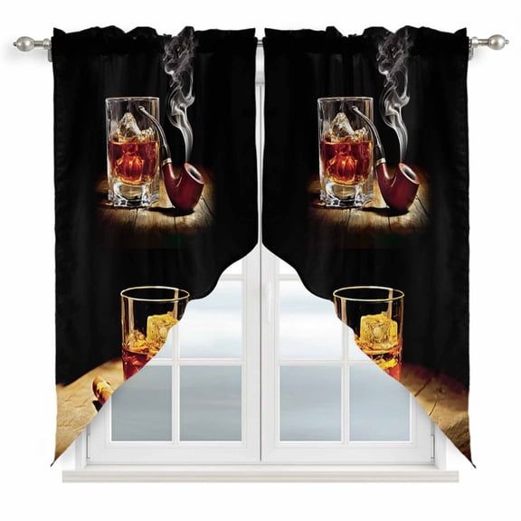 Whisky Glass Swag Valances for Windows 2 Pack Wine Cigars Old Wood Grain Ice Cubes Swag Kitchen Curtains 36 Inches Long Rod Pocket Short Window Treatment for Kitchen Bathroom 36"x36"