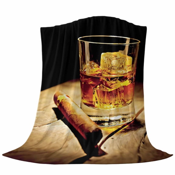 Whisky Glass Throw Flannel Blanket Wine Cigarettes Wood Striped Ice Cubes Super Soft Cozy Bed Blanket, Lightweight Plush Fuzzy Bed Throw for Bedroom Sofa Couch Living Room 50x60In,