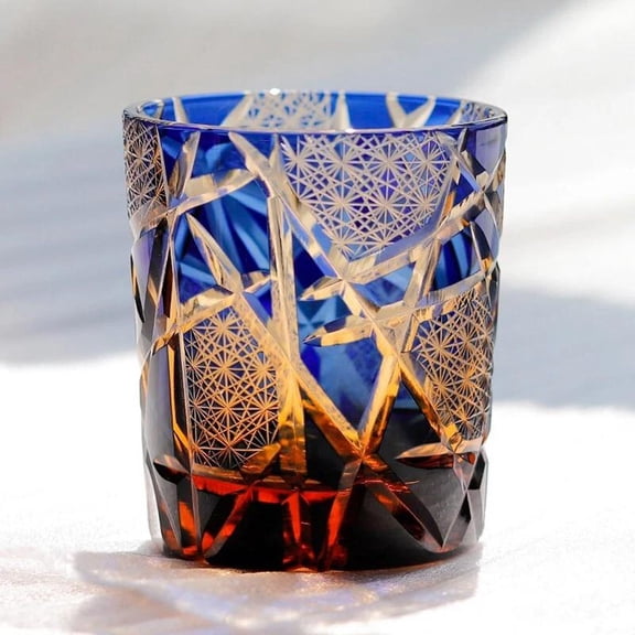 Whisky Glass Tumbler Japanese Style Edo Kiriko Lightning Pattern Glass, Hand Cut To Clear 9oz Blue