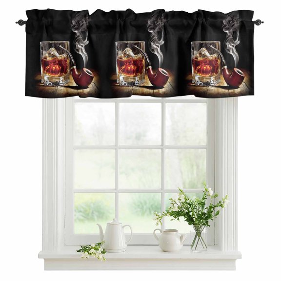 Whisky Glass Valances for Windows, Rod Pocket Kitchen Valance Curtains - Soft & Washable Small Window Treatment for Living Room, Bathroom, Wine Old Fashioned Cigarettes 42x12inch, 1 Panel