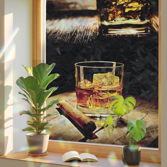 Whisky Glass Window Privacy Film, Wine Cigars Old Wood Grain Ice Cubes Stained Glass Rainbow Film Decorative Window Clings, Static Cling Sun Blocking Stickers 17.7" x 39.3"